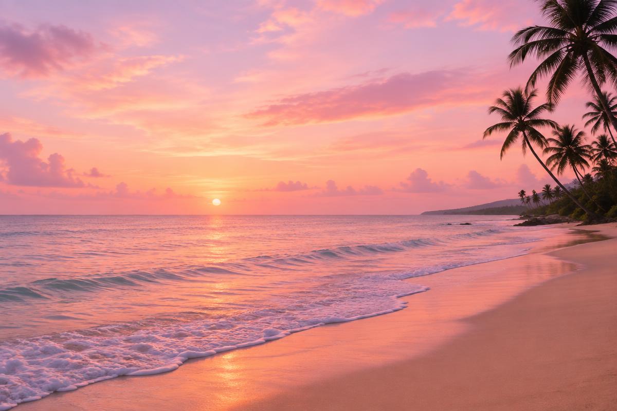 Soft pink sunset over a quiet beach with palm trees