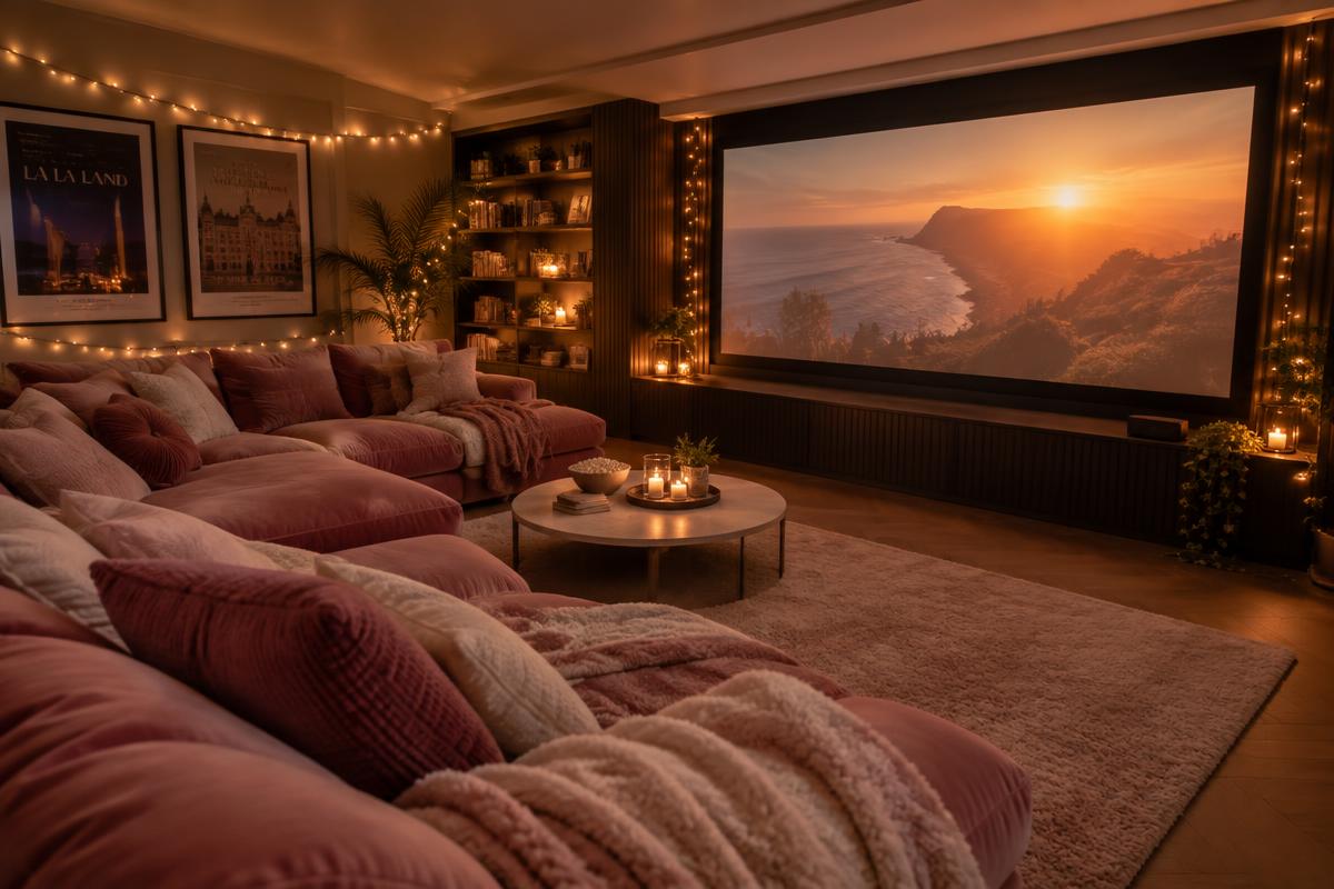 Cosy home cinema with pink velvet sofas and blankets