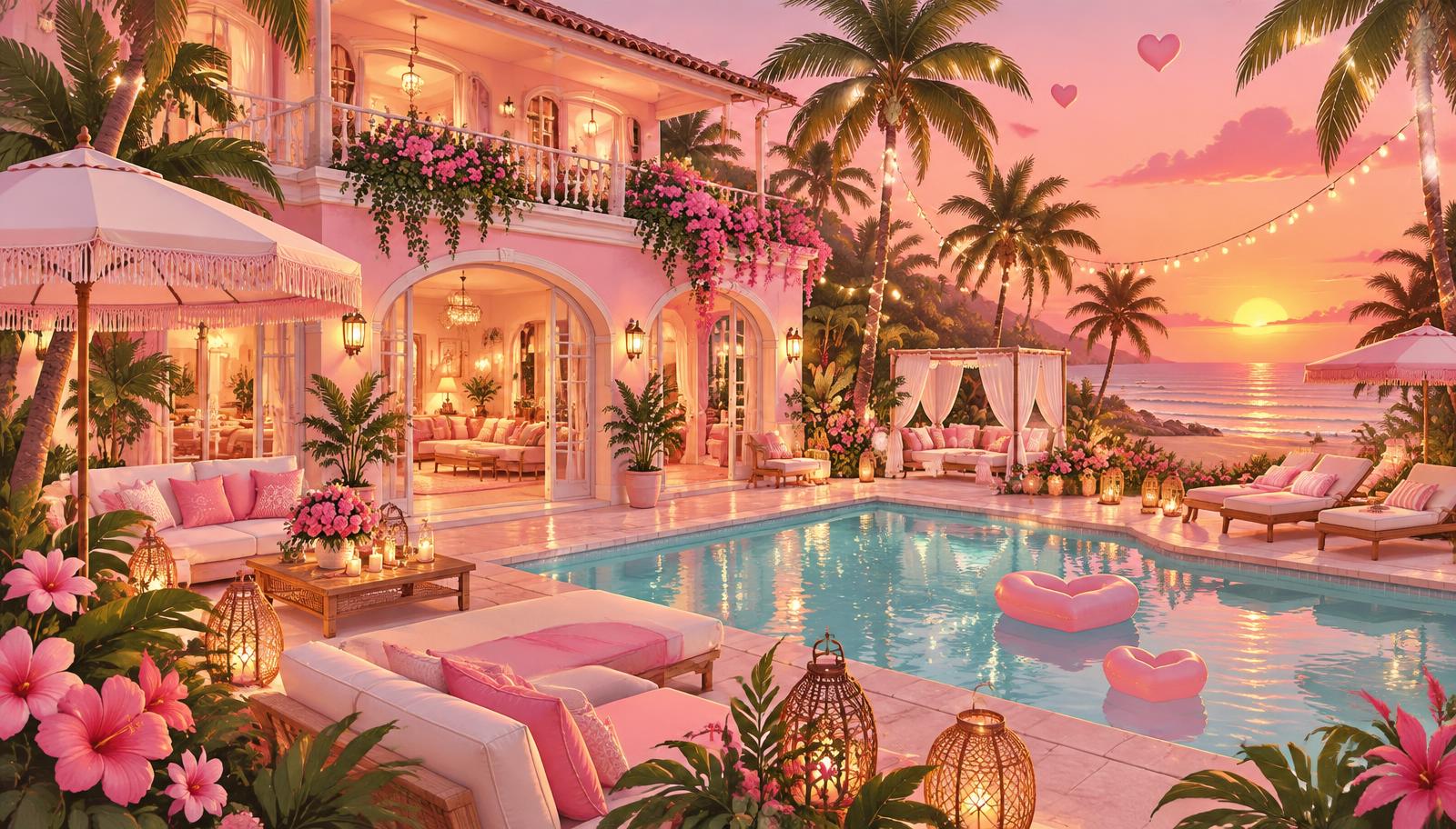 The Cuddle House villa at sunset with pool, palms and garden