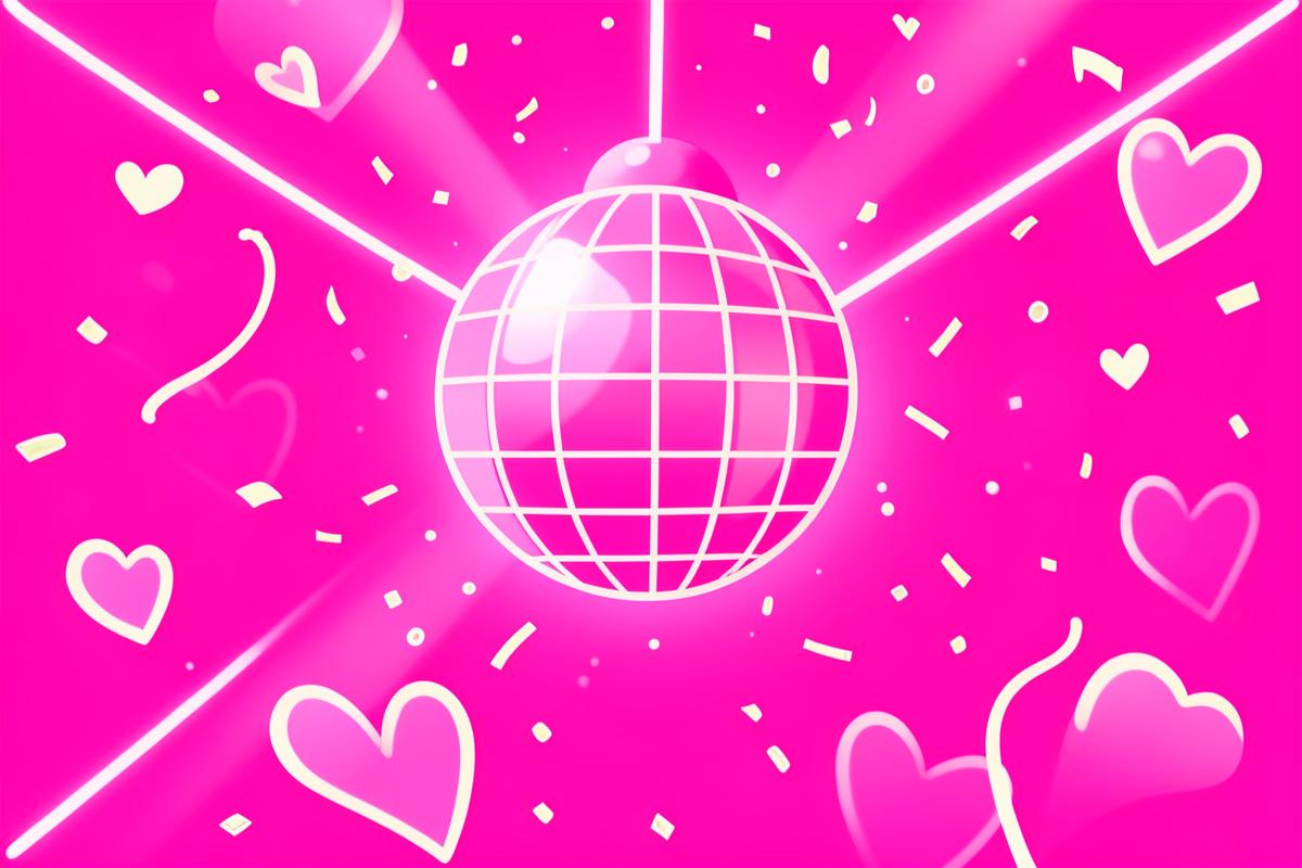 Pink disco ball with hearts and confetti